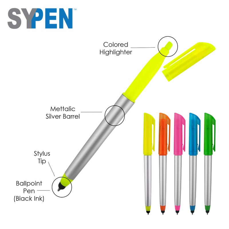 SyPen قلم حبر جاف مع رؤوس هايلايتر، 3 في 1 كومبو قلم لللمس، قلم كتابة وهايلايتر، حبر أسود، عبوة من 5 - Image 2